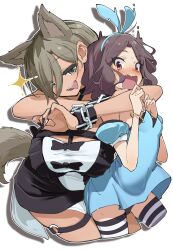  2girls absurdres animal_ears black_dress black_nails blue_dress brown_eyes brown_hair commentary dress ebizuka_tomo fang girls_band_cry grey_hair hair_between_eyes highres kootee-on long_hair_between_eyes multicolored_hair multiple_girls nail_polish o-ring o-ring_thigh_strap open_mouth red_eyes roots_(hair) rupa_(girls_band_cry) short_hair simple_background striped_clothes striped_thighhighs tail thigh-highs thigh_strap white_background wolf_ears wolf_girl wolf_tail 
