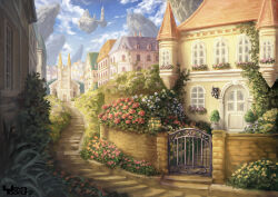  artist_name blue_flower blue_sky bush clouds commentary_request concept_art day european_architecture fantasy floating_island flower garutaisa gate highres no_humans original outdoors path pink_flower pink_rose rose scenery sky stairs stone_wall tower town yellow_flower 