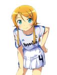  adidas aqua_eyes blonde_hair blush clothes_writing clothing_writing emerald_eyes football highres kousaka_kirino kurosaki_samurai logo long_hair orange_hair ore_no_imouto_ga_konna_ni_kawaii_wake_ga_nai real_madrid real_madrid_cf skirt smile soccer soccer_uniform solo sports_uniform sportswear 