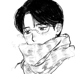  1boy blush commentary_request glasses greyscale karaoke_iko! male_focus monochrome nose_pads oka_satomi rimless_eyewear scarf short_hair simple_background solo takuanoisi white_background 