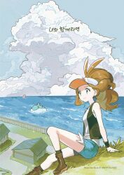  1girl absurdres alomomola antenna_hair black_vest blue_shorts boots brown_hair building closed_mouth clouds commentary_request day exposed_pocket eyelashes fence grass hat highres hilda_(pokemon) jellicent jellicent_(male) korean_commentary korean_text long_hair majyo_(witch_poke) open_clothes open_vest outdoors pokemon pokemon_(creature) pokemon_black_and_white shirt shorts sidelocks sitting sky sleeveless sleeveless_shirt socks translation_request twitter_username vest watermark white_hat white_shirt wristband 
