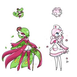  2girls blissey blue_eyes bob_cut boots colored_skin crown eyeshadow fusion gardevoir green_hair hair_over_one_eye hat high_heel_boots high_heels highres leaf makeup mamobot mini_crown multiple_girls nurse nurse_cap pink_hair poke_ball poke_ball_(basic) pokemon pokemon_(creature) simple_background sword tsareena violet_eyes weapon white_background white_skin 