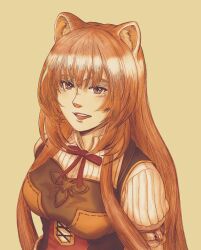  1girl :d absurdres animal_ear_fluff animal_ears armor black_dress breastplate breasts brown_armor brown_hair collared_dress commentary dress english_commentary frilled_arm_cuffs hair_between_eyes high_collar highres large_breasts layered_dress leather_armor long_hair long_sleeves metal_arm_cuffs neck_ribbon open_mouth pauldrons pinstripe_dress pinstripe_pattern raccoon_ears raccoon_girl raphtalia red_dress red_eyes red_ribbon ribbon shoulder_armor silverpencilbox simple_background single_pauldron sleeveless sleeveless_dress smile solo straight_hair tanuki tate_no_yuusha_no_nariagari teeth two-tone_dress upper_body upper_teeth_only white_dress yellow_background 