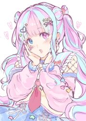  1girl absurdres bang_dream! blue_bow blue_hair blue_skirt bow bow-shaped_hair detached_sleeves frilled_shirt_collar frills hair_ornament hair_ribbon hands_on_own_cheeks hands_on_own_face heart heart_hair_ornament heterochromia highres light_blush long_sleeves looking_at_viewer multicolored_hair neckerchief nyubara_reona open_mouth pink_bow pink_hair pleated_skirt portrait puffy_long_sleeves puffy_sleeves raychelltwt red_neckerchief ribbon shirt simple_background skirt solo star_(symbol) star_hair_ornament star_sticker sticker twintails two-tone_hair white_background white_shirt yellow_bow 
