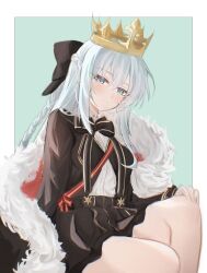  1girl absurdres black_bow black_bowtie black_jacket black_robe black_skirt blue_background blue_eyes blush border bow bowtie braid breasts collared_shirt crown english_commentary eyelashes fate/grand_order fate_(series) feet_out_of_frame fur-trimmed_robe fur_trim grey_hair hair_between_eyes hair_bow half_up_braid hand_on_own_knee highres jacket lapels long_hair long_sleeves looking_down medium_breasts miniskirt morgan_le_fay_(fate) morgan_le_fay_(fgo_fes._2026)_(fate) official_alternate_costume open_clothes open_jacket outside_border pleated_skirt pointed_crown red_bow red_sash robe royal_robe sash shirt side_braid sidelocks simple_background single_braid sitting skirt solo star_(symbol) striped_bow striped_bowtie striped_clothes suspender_skirt suspenders teeth very_long_hair white_border white_shirt yue_kanade 