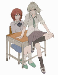  2girls bandaid bandaid_on_face black_socks blue_bow blue_bowtie blue_eyes blue_shirt blue_skirt blush bow bowtie brown_hair chair commentary desk diagonal-striped_clothes diagonal-striped_necktie dress_shirt girls_band_cry grcr_pometa1118 grey_eyes grey_hair grey_skirt highres iseri_nina kawaragi_momoka kneehighs long_hair low_twintails multiple_girls necktie open_mouth pleated_skirt ponytail red_eyes school_chair school_desk school_uniform shirt shoes short_hair simple_background sitting sitting_on_table skirt slippers socks striped_clothes striped_necktie tearing_up twintails uwabaki white_background white_shirt white_shoes white_socks 