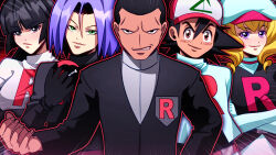  2girls 3boys aprilssarts ash_ketchum baseball_cap black_gloves black_hair black_jacket blonde_hair domino_(pokemon) elbow_gloves giovanni_(pokemon) gloves green_eyes hat highres jacket james_(pokemon) looking_at_viewer multiple_boys multiple_girls pokemon pokemon_(anime) pokemon_(classic_anime) pokemon_adventures purple_hair sabrina_(pokemon) short_hair team_rocket team_rocket_uniform upper_body violet_eyes white_gloves 