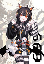  1girl ahoge animal_ear_headphones animal_ears arm_belt asymmetrical_legwear asymmetrical_sleeves bare_shoulders bat_wings belt belt_collar black_choker black_hair black_nails black_sweater cat_ear_headphones cat_ears choker collar commentary_request cowboy_shot cross-laced_clothes cross-laced_dress dress eyeball_hair_ornament fake_animal_ears headphones highres layered_dress leg_belt long_sleeves looking_at_viewer mahou_shoujo_no_majo_saiban multicolored_hair nail_polish nakamochi24 off-shoulder_sweater off_shoulder open_mouth orange_eyes orange_nails orange_streaks sawatari_coco sharp_teeth shirt short_hair single_bare_shoulder single_thighhigh skirt skull smile solo streaked_hair striped_clothes striped_sleeves striped_thighhighs stuffed_animal stuffed_cat stuffed_toy sweater teeth thigh-highs upper_teeth_only white_shirt white_skirt wings zoom_layer 