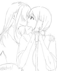  2girls choker commentary_request girls_band_cry grcr_pometa1118 greyscale highres imminent_kiss iseri_nina kawaragi_momoka long_hair low_twintails monochrome multicolored_hair multiple_girls open_mouth roots_(hair) short_hair short_twintails sidelocks simple_background twintails white_background yuri 