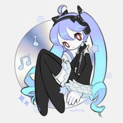  1girl artist_name black_necktie black_sleeves cd colored_skin commentary detached_sleeves english_commentary frilled_shirt frilled_sleeves frilled_thighhighs frills gothic_lolita hatsune_miku hatsune_miku_(infinity) headset highres layered_skirt lolita_fashion musical_note naawberry necktie red_eyes shirt skirt solo star_(symbol) thigh-highs twintails vocaloid white_background white_skin 
