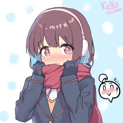  ! 1girl adjusting_scarf black_gloves black_jacket blazer blue_background blush brown_cardigan brown_eyes brown_hair cardigan character_name closed_mouth colored_inner_hair commentary dated earmuffs english_commentary enpera gloves highres hozuki_momiji jacket kiziriz long_sleeves looking_at_viewer multicolored_hair onii-chan_wa_oshimai! oyama_mahiro red_scarf scarf school_uniform solo speech_bubble spoken_blush spoken_exclamation_mark spoken_expression upper_body watermark wavy_mouth 