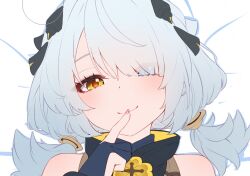  1girl bare_shoulders bed bed_sheet blue_eyes closed_mouth dracaene_sunbringer dress finger_to_mouth gloves grey_hair hair_over_one_eye heterochromia hiragi_murasaki looking_at_viewer lying on_back on_bed partially_fingerless_gloves portrait see-through_hair smile solo twintails unfinished yellow_eyes zenless_zone_zero 