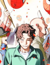  1boy bald balloon baseball_cap blonde_hair brown_hair cellphone character_balloon closed_eyes commentary_request confetti facial_hair grin hat highres holding holding_phone injury korean_commentary long_hair long_sleeves male_focus margherita1827 marvel no_eyes open_mouth peter_parker phone shirt short_hair smile spider-man spider-man:_brand_new_day spider-man_(series) white_background white_shirt 