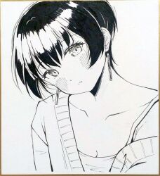  1girl blush camisole cardigan chang_chin-lan collarbone earrings jewelry kamiina_botan_yoeru_sugata_wa_yuri_no_hana looking_at_viewer luckluck off_shoulder parted_lips short_hair solo upper_body 