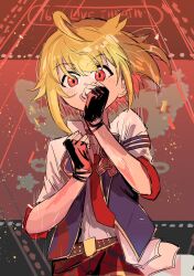  1girl ahoge blonde_hair commentary_request dancing frown highres hoichikazeru ibuki_tsubasa idolmaster idolmaster_million_live! idolmaster_million_live!_theater_days open_mouth red_eyes sketch smile 