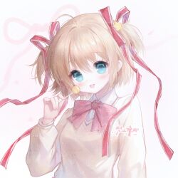  1girl absurdres aqua_eyes blush bow bowtie breasts brown_hair brown_sweater candy commission food hair_between_eyes hair_ornament hair_ribbon highres holding holding_candy holding_food holding_lollipop kamikita_komari little_busters! little_busters!_school_uniform lollipop long_sleeves mihuashi_commission open_mouth red_bow red_bowtie red_ribbon ribbon school_uniform shirt short_hair small_breasts smile solo star_(symbol) star_hair_ornament sweater too_many_watermarks two_side_up upper_body watermark white_background white_shirt yanyan_jiang 