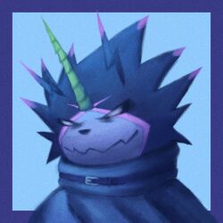  1boy angry belt black_sclera blue_background blue_border border cape closed_mouth colored_sclera colored_skin digimon digimon_(creature) digimon_ghost_game fortunemagex gulusgammamon highres horns looking_to_the_side male_focus multicolored_skin sharp_teeth simple_background solo teeth triceratops two-tone_skin 