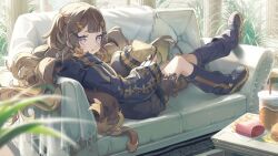  1girl anya_melfissa anya_melfissa_(couch_potato_gamer) artist_request black_jacket black_leg_warmers black_shoes blonde_hair blurry blurry_foreground brown_hair burger center-flap_bangs controller couch double-parted_bangs drill_hair drill_sidelocks earrings food french_fries game_asset game_controller gradient_hair hair_ornament hairclip highres holding holding_controller holding_game_controller hololive hololive_dreams hololive_indonesia hood hooded_jacket indoors jacket jewelry leg_warmers long_hair looking_at_viewer lying multicolored_hair non-web_source official_alternate_costume official_art on_back on_couch open_mouth second-party_source self-datamine shoes sidelocks sitting solo two_side_up very_long_hair violet_eyes virtual_youtuber wavy_hair 