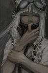  bust close-up code-aa covering covering_face covering_mouth dark empty_eyes faux_traditional_media fujiwara_no_mokou goggles grey hands highres mask red_eyes solo speed_painting touhou 