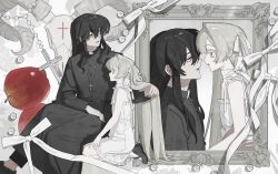  1boy 1girl apple baphomet_(mythology) bare_arms black_cloak black_hair black_shoes carrying carrying_person choker cloak colored_eyelashes cross cross_necklace degrees_of_lewdity double-parted_bangs dress expressionless eye_contact flat_chest food foot_out_of_frame frilled_dress frills from_side fruit hair_between_eyes hands_on_another's_waist height_difference highres holding_another's_hair jewelry long_hair long_sidelocks long_sleeves looking_at_another mary_janes multiple_views mumukyabi necklace oc_x_canon one_side_up open_mouth original player_character_(degrees_of_lewdity) player_character_(female)_(degrees_of_lewdity) portrait_(object) profile ribbon_choker rosary second-party_source seiza shoes short_dress sidelocks sitting socks spaghetti_strap straight_hair sydney_(degrees_of_lewdity) sydney_(male)_(degrees_of_lewdity) very_long_hair white_dress white_eyelashes white_hair white_socks yellow_eyes 