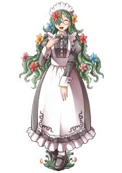  1girl apron blue_flower bombom bow closed_eyes flower glasses green_bow green_hair maid_apron maid_headdress monster_girl official_art open_mouth pink_flower plant_girl plant_hair red_flower smile solo third-party_source tokyo_afterschool_summoners transparent_background wood_maid_(housamo) yellow_flower 