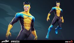  1boy absurdres aleksandra_alekseeva black_bodysuit black_hair blue_background blue_bodysuit blue_theme bodysuit company_logo copyright_name covered_abs covered_pectorals envar_studio gloves goggles gradient_background highres invincible_(character) invincible_(series) male_focus mark_grayson multicolored_bodysuit muscular muscular_male official_art pectorals projected_inset promotional_art short_hair solo superhero_costume viltrumite wind yellow_bodysuit yellow_gloves 