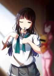  2girls amaki-chan_(volfuji) aqua_neckerchief black_hair blunt_bangs blurry blurry_foreground censored censored_identity cowboy_shot depth_of_field dressing green_eyes grey_sailor_collar grey_skirt highres kurosawa_dia kurosawa_ruby long_hair love_live! love_live!_sunshine!! messy_hair miniskirt mole mole_under_mouth morning mouth_hold multiple_girls neckerchief one_eye_closed pleated_skirt pooh sailor_collar school_uniform serafuku shirt short_sleeves siblings sisters skirt solo_focus summer_uniform tying_neckerchief undone_neckerchief uranohoshi_school_uniform waking_up white_shirt window_shadow winnie_the_pooh 