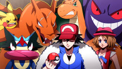  1boy 1girl aprilssarts ash-greninja black_hair blue_eyes blue_jacket brown_hair charizard closed_eyes colored_skin commentary dragonite english_commentary fangs gengar greninja hat highres holding holding_poke_ball jacket meme orange_skin pikachu pink_hat poke_ball poke_ball_(basic) pokemon pokemon_(creature) pokemon_x_and_y red_hat scar scar_across_eye scar_on_face serena_(pokemon) viltrumite_group_shot_(meme) yellow_fur 