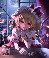  1girl aocha06s2 ascot blonde_hair bow candy collared_shirt commentary_request crystal crystal_wings curtains finger_to_mouth flandre_scarlet food frilled_shirt_collar frilled_wrist_cuffs frills full_moon hat hat_bow highres jar looking_at_viewer mob_cap moon multicolored_wings night one_side_up open_mouth puffy_short_sleeves puffy_sleeves red_bow red_eyes red_skirt red_vest red_wrist_cuffs shirt short_sleeves shushing skirt skirt_set sleeve_bow solo touhou vest white_hat white_shirt window wings wrapped_candy wrist_cuffs yellow_ascot 