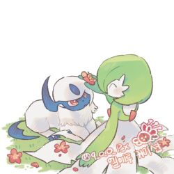  2others absol bob_cut closed_eyes colored_skin dress flower gardevoir grass green_hair green_skin horns multicolored_skin multiple_others pokemon pokemon_(creature) q_o_o_p_x red_eyes red_flower simple_background single_horn two-tone_skin white_background white_dress white_fur white_skin 