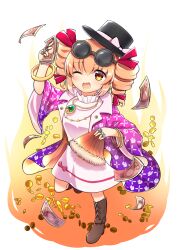 1girl :d ;d banknote boots bow bracelet brown_boots coat coin commentary_request dress drill_hair eyewear_on_head folding_fan game_asset gold_coin hair_bow hakurei_frontier_spell_strive hand_fan hat hat_bow holding holding_fan jewelry looking_at_viewer money necklace official_art one_eye_closed open_mouth orange_hair pendant pink_dress purple_coat rapameri round_eyewear simple_background smile solo sunglasses third-party_source top_hat touhou transparent_background twin_drills yellow_eyes yorigami_jo'on 