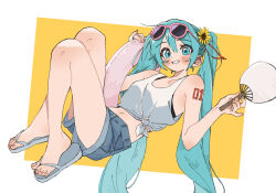 1girl absurdres aqua_eyes aqua_hair arm_tattoo armpit_crease asta3xx bare_shoulders black_bra blue_shorts blush bra bra_slip breasts collar commentary_request flower hair_between_eyes hair_flower hair_ornament hand_fan hatsune_miku highres holding holding_fan innertube long_hair navel number_tattoo parted_lips sandals shirt shorts small_breasts smile solo sunflower swim_ring tank_top tattoo tied_shirt twintails underwear very_long_hair vocaloid white_tank_top yellow_flower 