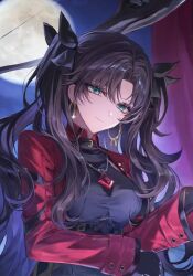  1boy 1girl aqua_eyes archer_(fate) archer_(honkai:_star_rail)_(fate) black_choker black_gloves black_hair black_ribbon black_shirt blue_sky bow_(weapon) breasts cape chain chain_necklace choker closed_mouth earrings english_commentary fate/stay_night fate/unlimited_blade_works fate_(series) full_moon gem gloves gold_earrings hair_between_eyes hair_ribbon hands_up holding holding_bow_(weapon) holding_weapon honkai:_star_rail honkai_(series) hoop_earrings jacket jewelry long_hair long_sleeves looking_at_viewer medium_breasts moon necklace night open_clothes open_jacket outdoors parted_bangs pendant red_cape red_gem red_jacket ribbon rin's_pendant_(fate) shirt sky smile solo_focus sparkle standing togo_111 tohsaka_rin tohsaka_rin_(honkai:_star_rail) two_side_up unfinished upper_body very_long_hair waist_cape wavy_hair weapon 