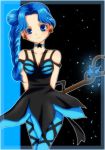  aikawayua arms_behind_back bishoujo_senshi_sailor_moon blue_eyes blue_hair blue_legwear braid choker cyprine dress earrings hair_bun jewelry long_hair magic pantyhose parted_bangs side_ponytail smile solo star wand witches_5 