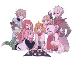  2boys 5girls :3 :d ahoge akabane_youko akabane_youko_(1st_costume) all_fours among_us black_jacket black_ribbon blonde_hair blue_jacket brown_hair cardigan closed_eyes commentary earrings fang flower full_body green_eyes green_pants green_skirt grey_hair grey_pants hair_flower hair_ornament hair_ribbon hairclip hand_in_pocket highres holding holding_stuffed_toy honma_himawari honma_himawari_(1st_costume) hood hood_down hooded_jacket jacket jewelry kanae_(1st_costume)_(nijisanji) kanae_(nijisanji) knees_up kuzuha_(1st_costume)_(nijisanji) kuzuha_(nijisanji) lifting_person long_hair long_pointy_ears long_sleeves lying makaino_ririmu makaino_ririmu_(4th_costume) mole mole_under_eye multicolored_hair multiple_boys multiple_girls nasu_bacon nijisanji nijisanji_gamers on_stomach one_side_up open_mouth orange_hair pants pink_hair pink_jacket pink_socks plaid_clothes plaid_skirt pleated_skirt pointy_ears ponytail red_cardigan red_eyes red_hair red_pants ribbon roto_(kanae) sasaki_saku sasaki_saku_(1st_costume) school_uniform shiina_yuika shiina_yuika_(1st_costume) shirt short_hair simple_background sitting skirt sleeves_past_fingers sleeves_past_wrists smile socks striped_clothes striped_jacket striped_pants stud_earrings stuffed_toy sunflower sunflower_hair_ornament sweatpants track_jacket track_pants virtual_youtuber white_background white_jacket white_shirt 