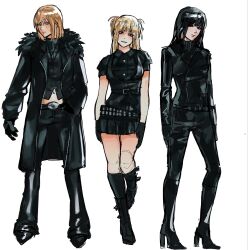  1boy 2girls amane_misa black_boots black_coat black_eyes black_gloves black_jacket black_pants black_shirt blonde_hair blue_eyes boots brown_eyes coat collared_shirt commentary death_note fur-trimmed_coat fur_trim gloves highres jacket knee_boots leather leather_jacket long_hair m4ccra mello_(death_note) miniskirt misora_naomi multiple_girls pants shirt short_hair skirt white_background 