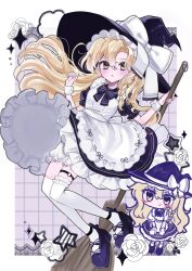  1girl absurdres alternate_costume apron black_bow black_bowtie black_dress black_hat black_skirt blonde_hair bloomers blue_shoes blush bow bowtie braid broom chibi chibi_inset closed_mouth commentary_request dress flower hair_between_eyes hair_bow hat hat_bow highres holding holding_broom kirisame_marisa long_hair looking_at_viewer multiple_views nagomi_(nagomi_12) puffy_short_sleeves puffy_sleeves shoes short_sleeves side_braid single_braid skirt smile solo thigh_strap touhou very_long_hair white_apron white_bloomers white_bow white_flower white_wrist_cuffs witch_hat wrist_cuffs yellow_eyes 