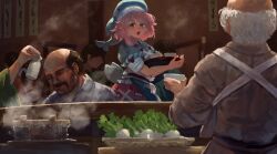  1girl 3boys :d absurdres apron blue_apron blue_hat blue_shirt commentary_request geidontei's_owner geidontei_regular_(moustache) green_eyes hat highres holding holding_tray medium_hair multiple_boys nanaironokabi okunoda_miyoi pink_hair pink_skirt radish shirt skirt sleeves_rolled_up smile touhou tray waist_apron whale_hat 