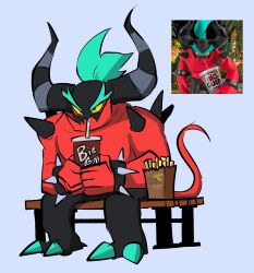  1boy 7-eleven aqua_hair bag bench big_gulp bracelet closed_mouth colored_sclera colored_skin commentary cup disposable_cup drink drinking drinking_straw drinking_straw_in_mouth emeruga english_commentary food french_fries full_body highres holding holding_cup holding_drink horns jewelry male_focus olive_garden on_bench paper_bag red_skin reference_inset shoulder_spikes sitting solo sonic_(series) sonic_lost_world spiked_bracelet spikes striped_horns tail thick_eyebrows violet_eyes wooden_bench yellow_sclera zavok_(sonic) 