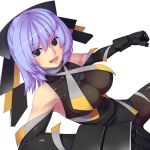  black_gloves bodysuit breasts elbow_gloves gloves happy highres large_breasts lavender_hair open_mouth original power_glove purple_hair simple_background smile solo tro 