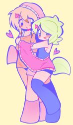 2girls :d :o adorable armpits battle_for_dream_island black_panties black_tank_top black_thighhighs blonde_hair blue_outline blush_stickers bottomless bra_strap colored_tips cute deformed eye_contact female female_only full_body girl green_hair green_tail grey_eyes hair_ornament headwear_request heart heart_hair_ornament hug humanization jacket kawaii leaf leaf_tail leafy_(bfdi) long_sleeves looking_at_another luvfouryou multicolored_hair multiple_girls object_show off-shoulder_sweater off_shoulder open_jacket open_mouth orange_hair orange_sweater outline panties pastel_colors pencil_(bfdi) personification pink_jacket pink_socks scar scar_on_arm scar_on_leg scar_on_thigh scar_on_thighs short_hair sleeveless sleeves_past_fingers sleeves_past_wrists socks strap sweater tail tank_top thigh-highs two-tone_hair underwear wholesome yellow_background yuri