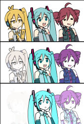  3girls absurdres akita_neru aqua_eyes aqua_hair arm_warmers bare_shoulders black_arm_warmers blonde_hair cellphone closed_eyes collared_shirt commentary_request drill_hair fading flip_phone grey_shirt hatsune_miku highres holding holding_phone kasane_teto long_hair multiple_girls necktie open_mouth parted_lips phone purple_hair red_hair shirt side_ponytail sleeveless sleeveless_shirt teeth tenten_(chan4545) triple_baka_(group) triple_baka_(vocaloid) twin_drills twintails upper_teeth_only utau very_long_hair violet_eyes vocaloid yellow_eyes yellow_necktie 