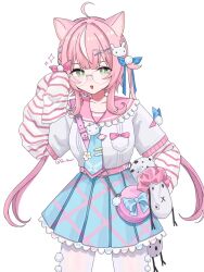  1girl adjusting_eyewear ahoge animal_ear_fluff animal_ears artist_name blush braid cat_ears cat_girl cowboy_shot glasses green_eyes highres long_hair long_sleeves low_twintails nijisanji nijisanji_kr open_mouth pink_hair pleated_skirt q_tonari simple_background skirt sleeves_past_fingers sleeves_past_wrists solo twintails twitter_username virtual_youtuber white_background yang_nari 