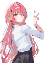  1girl :p aqua_streaks black_skirt bracelet closed_mouth commentary_request cowboy_shot earrings fingernails from_side green_eyes green_streaks hair_ornament hairclip hanako_nana hand_up heart heart_earrings highres jewelry korean_commentary long_hair looking_to_the_side multicolored_hair nail_polish parallel_hairclips pink_hair pink_nails pink_streaks pleated_skirt rahwol177 school_uniform shirt shirt_tucked_in short_sleeves simple_background skirt solo standing stellive straight_hair streaked_hair tongue tongue_out turning_head v very_long_hair virtual_youtuber white_background white_shirt x_hair_ornament 