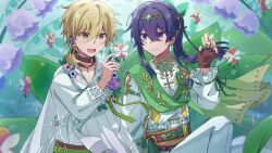  blonde_hair blurry blurry_background blurry_foreground brown_choker brown_eyes brown_gloves choker circlet closed_mouth commentary_request dew_drop earrings ensemble_stars! fairy fingerless_gloves flower flower_earrings frilled_sleeves frills gloves gold_circlet gold_trim green_ribbon green_sash hair_between_eyes hair_intakes hair_ornament hakaze_kaoru hand_up high_collar highres hokahoku_oimo holding holding_flower jewelry kanzaki_souma knee_up leaf leaf_hair_ornament light_blush long_hair looking_at_viewer low_ponytail male_focus mullet necklace official_alternate_costume pansy pants pectoral_cleavage pectorals pink_flower pink_pansy ponytail purple_flower purple_hair purple_pansy purple_rose ribbon ribbon-trimmed_sleeves ribbon_trim rose sash shirt single_sidelock sparkle twitter_username violet_eyes water_drop white_pants white_shirt yellow_flower 