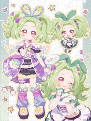  1girl :p ;p blue_hairband blue_leg_warmers bracelet chibi chibi_inset collared_dress commentary_request crop_top detached_sleeves dress green_hair hair_ornament hairband hands_on_own_cheeks hands_on_own_face haru_(haru1bc6c4) highres jewelry kiratto_pri_chan leg_warmers multiple_views one_eye_closed parted_bangs pink_eyes pink_leg_warmers pom_pom_(clothes) pom_pom_hair_ornament pretty_series purple_dress purple_shoes rabbily_(kiratto_pri_chan) shirt shoes short_sleeves skirt sleeveless sleeveless_dress star-shaped_pupils star_(symbol) symbol-shaped_pupils thigh_strap tongue tongue_out twintails white_shirt white_skirt white_wrist_cuffs wrist_cuffs 