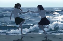  2girls barefoot beach black_hair black_skirt blue_sky brown_hair collared_shirt commentary english_commentary footprints highres holding_hands horizon long_hair looking_at_another medium_hair miyagi_shiori multiple_girls ocean outdoors pleated_skirt running sand sendai_hazuki shirt shuukuraholic shuuniichido_classmate_wo_kau_hanashi skirt sky waves white_shirt yuri 