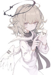  1girl angel angel_wings barcode barcode_tattoo black_bow black_bowtie black_halo bow bowtie closed_mouth dress expressionless feathered_wings grey_hair halo highres holding long_sleeves looking_at_viewer original sailor_collar sailor_dress shiromiso simple_background solo tattoo white_background white_dress white_sailor_collar white_wings wings 