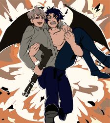  2boys arm_around_neck asuka_ryou carrying carrying_person clenched_teeth commentary_request demon_boy demon_wings devilman devilman_crybaby explosion explosion_background fudou_akira futon_(katarosu) gun holding holding_gun holding_weapon jumping long_sleeves male_focus multiple_boys open_mouth pants princess_carry shirt short_hair shotgun smile sweat teeth topless_male weapon wings 