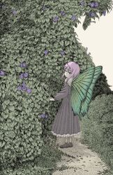  1girl absurdres antennae bush butterfly_wings closed_mouth commentary_request dot_mouth dress expressionless flower foliage from_side full_body green_wings grey_dress grey_eyes grey_shirt highres holding insect_wings long_dress long_sleeves looking_at_viewer looking_to_the_side medium_hair nigirizusi1 original outdoors purple_flower purple_hair shirt solo standing straight_hair turning_head wings 
